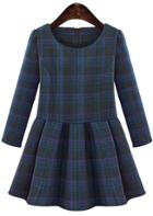 Shein Blue Long Sleeve Plaid Ruffle Dress
