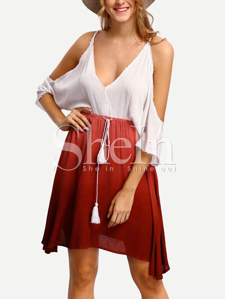 Shein Red White Contrast Cold Shoulder Shift Dress