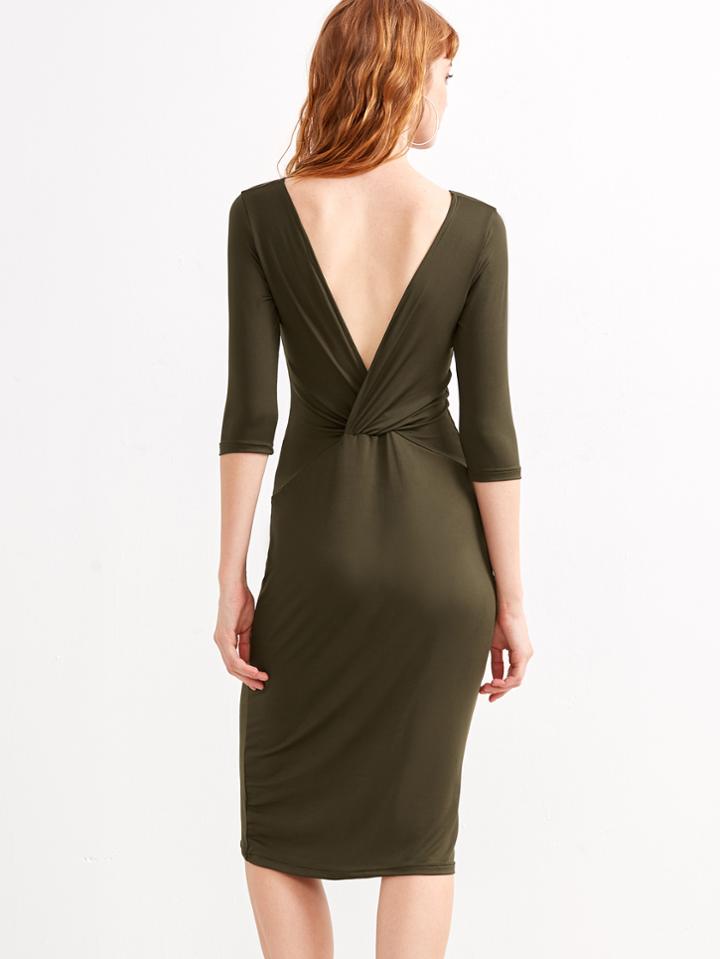 Shein Army Green Elbow Sleeve Wrap Back Sheath Dress