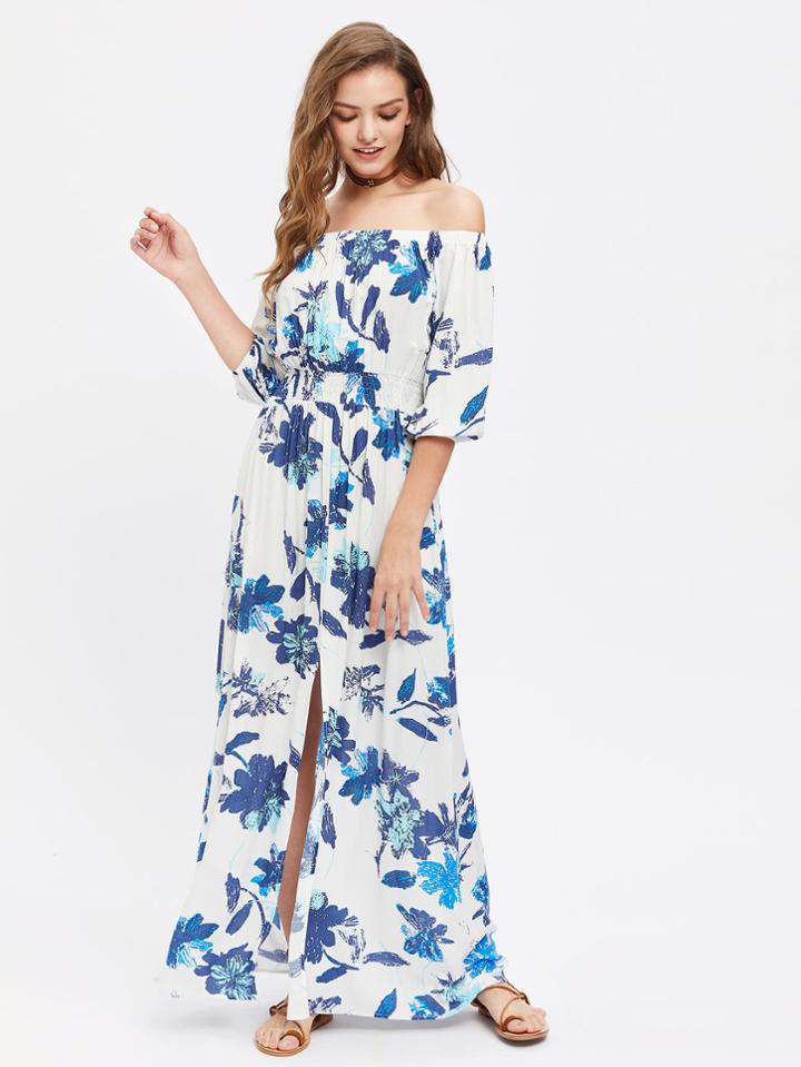 Shein Flower Print Smocked Waist Split Front Bardot Dress