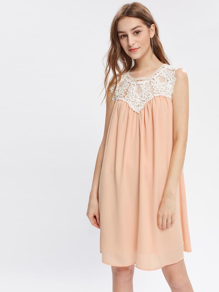 Shein Contrast Crochet Yoke Buttoned Keyhole Back Dress
