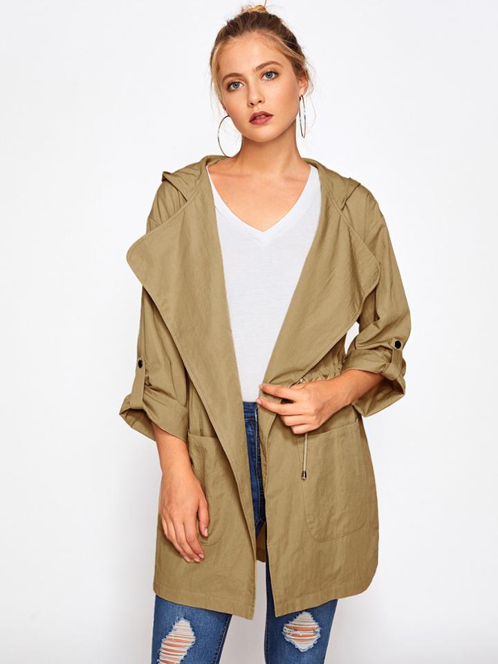 Shein Drape Collar Drawstring Detail Pocket Hoodie Coat