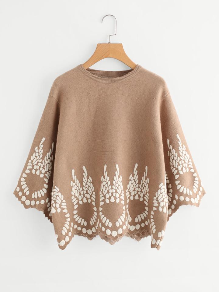 Shein Printed Scalloped Hem Batwing Sweater