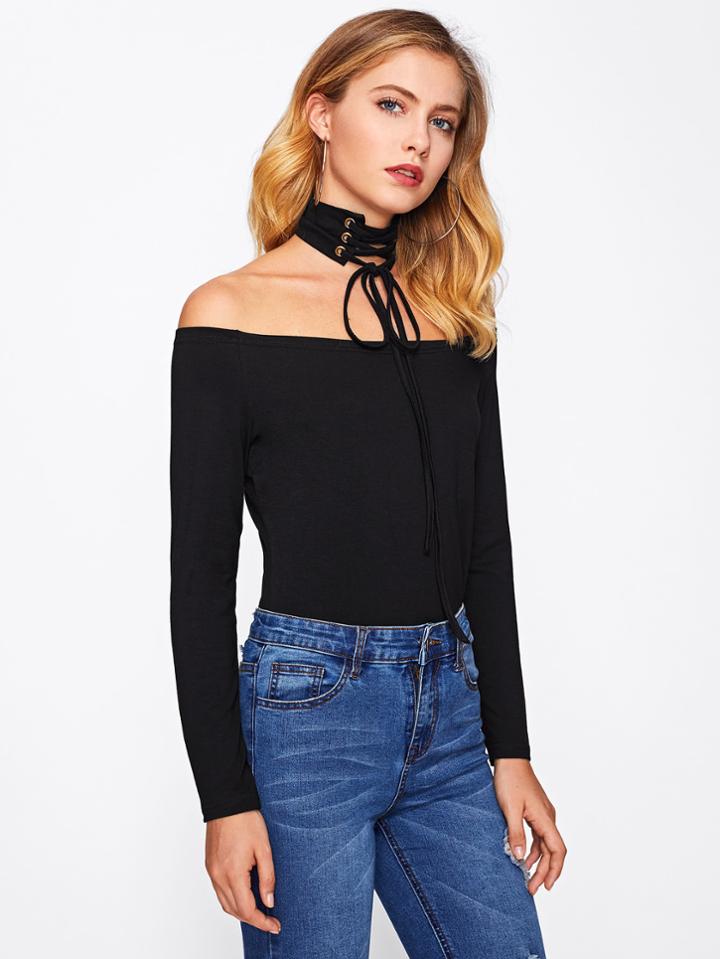 Shein Off Shoulder Tee With Lace Up Choker