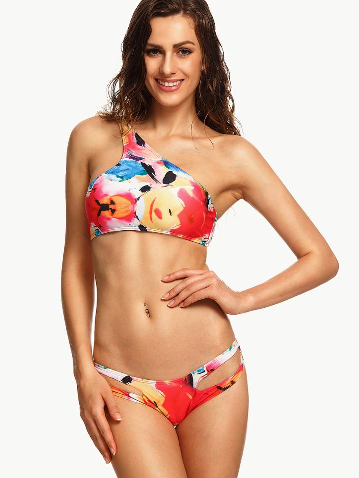 Shein Multicolor Abstract Print One Shoulder Cutout Bikini Set