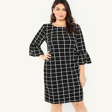 Shein Plus Trumpet Sleeve Grid Dress