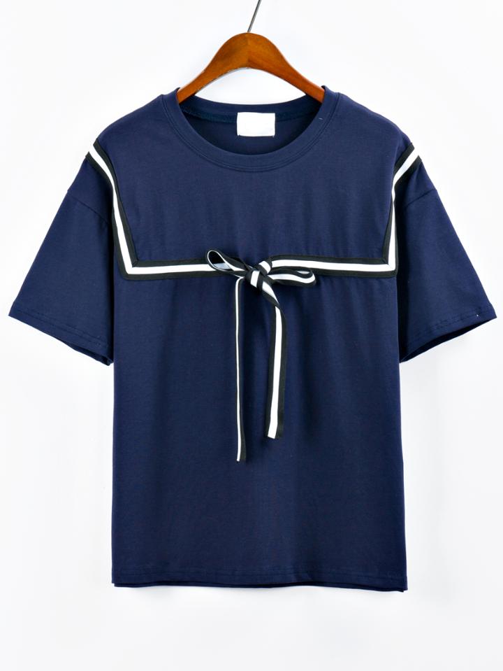 Shein Striped Bow Embellished T-shirt - Blue
