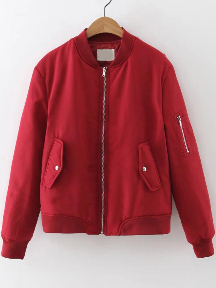 Shein Red Quilted Flight Jacket With Zipper