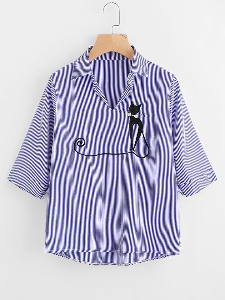 Shein Vertical Striped Cat Embroidery Blouse