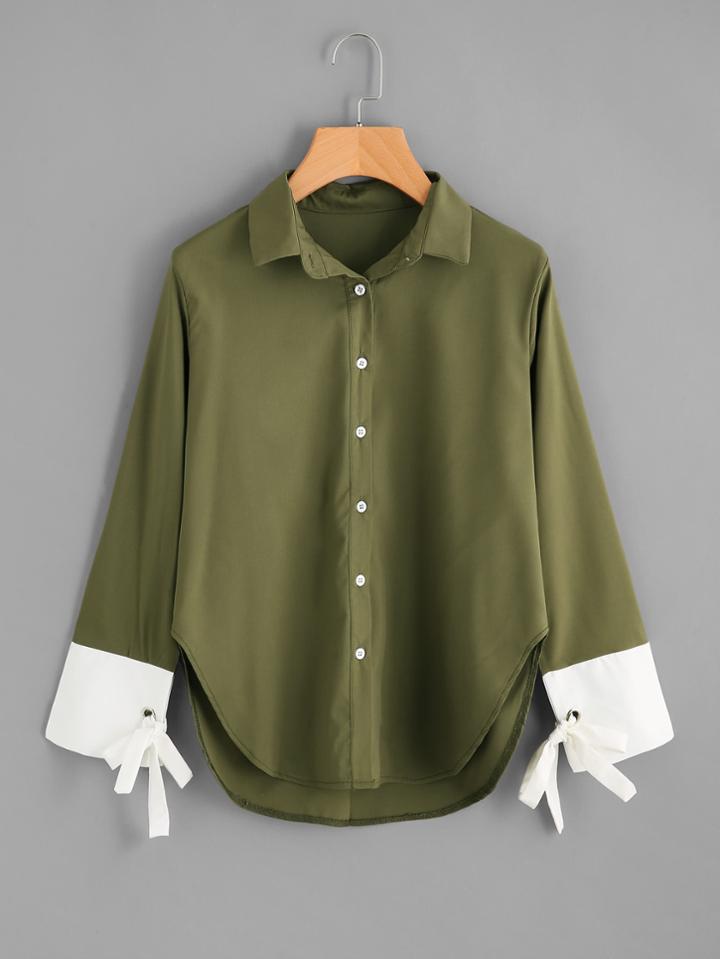 Shein Contrast Cuff Tie Detail Curved Hem Shirt