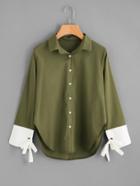 Shein Contrast Cuff Tie Detail Curved Hem Shirt