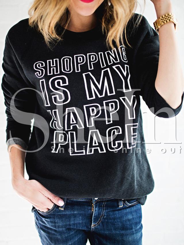 Shein Black Crew Neck Letters Print Sweatshirt