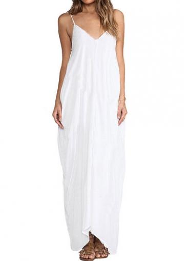 Rosewe Spaghetti Strap White Pocket Design Straight Dress