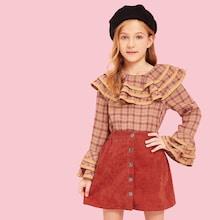 Shein Girls Zip Back Ruffle Trim Plaid Top