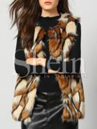 Shein Brown Patchwork Faux Fur Feather Vest