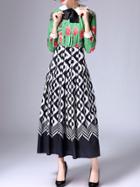 Shein Green Tie Neck Pleated Flowers Print Top With Skirt