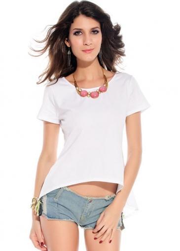 Rosewe Laconic Solid White Short Sleeves T Shirt With High Low Hem
