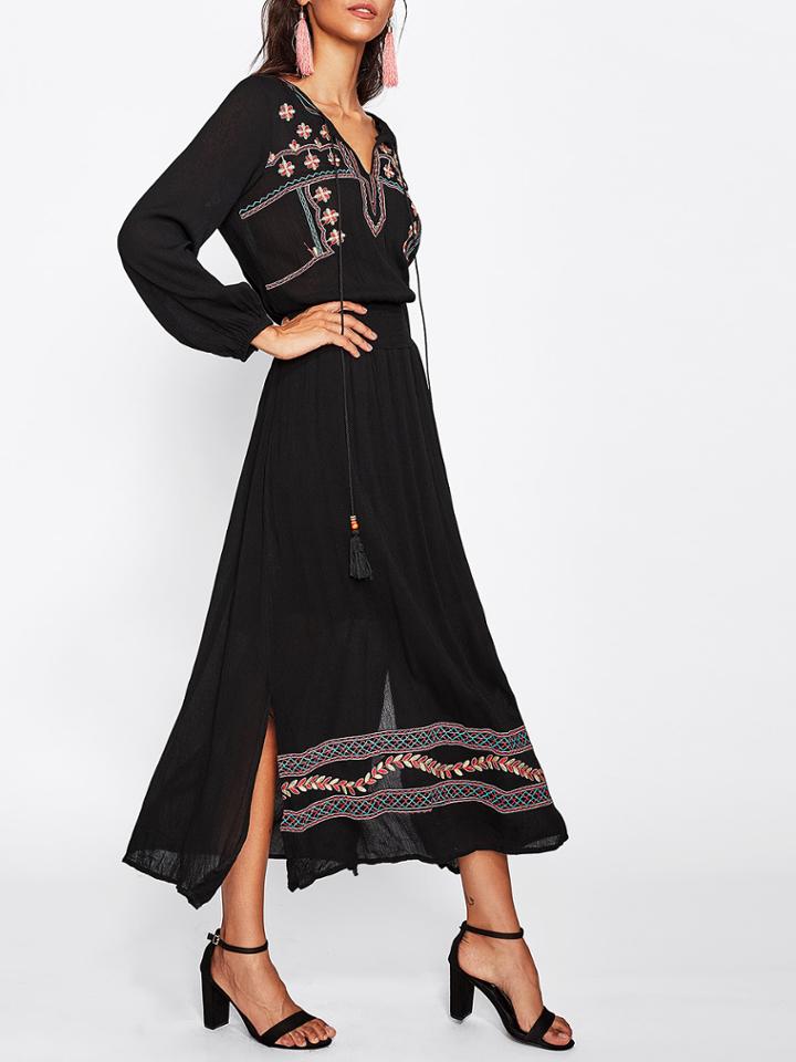 Shein Tie Neck Shirred Waist Side Slit Embroidered Dress