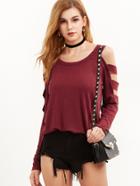Shein Burgundy Cold Shoulder Ladder Cutout Sleeve T-shirt