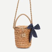 Shein Straw Bucket Bag With Polka Dot Bow
