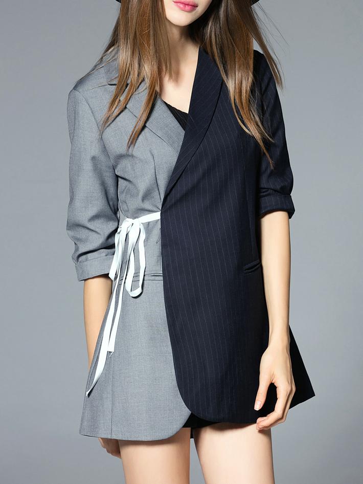 Shein Grey Contrast Navy Lapel Blazer