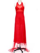 Shein Red Halter Sheer Lace Insert Maxi Dress
