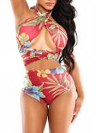 Rosewe Halter Cutout Front High Waist Printed Two Piece Swimwear