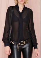 Rosewe Turndown Collar Solid Black Chiffon Shirt