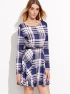 Shein Blue Plaid Long Sleeve A-line Dress With Belt