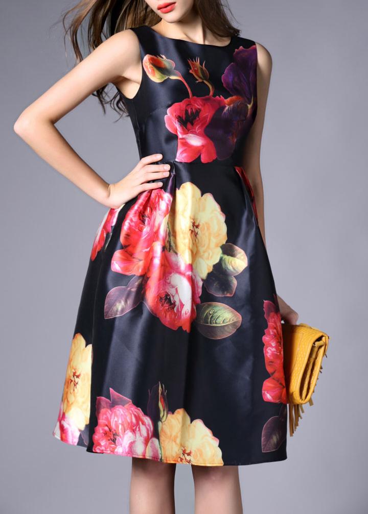 Shein With Zipper Hibiscus Florals Flare Dress