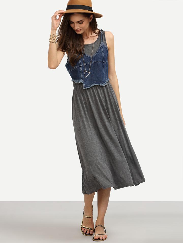 Shein Grey Tank Dress With Crop Denim Cami Top