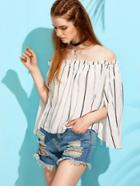 Shein White Vertical Striped Cape Sleeve Off The Shoulder Top