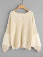 Shein Drop Shoulder Faux Fur Panel Knit Sweater