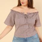 Shein Plus Lace Up Front Frill Plaid Blouse