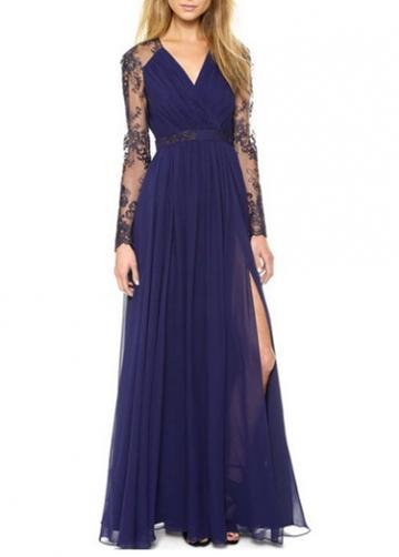 Rosewe Elegant Long Sleeve Slit Design High Waist Dress Purple