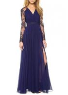 Rosewe Elegant Long Sleeve Slit Design High Waist Dress Purple