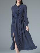 Shein Navy Tie Neck Checkered Split Dress