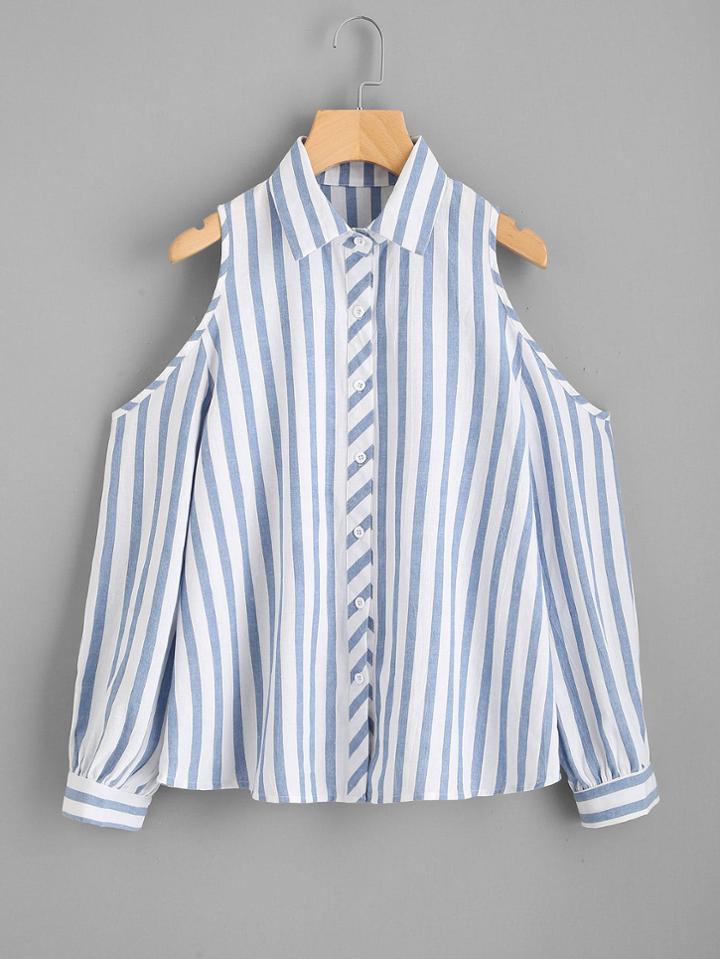 Shein Contrast Striped Open Shoulder Shirt