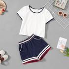 Shein Girls Round Neck Tee & Striped Shorts Set
