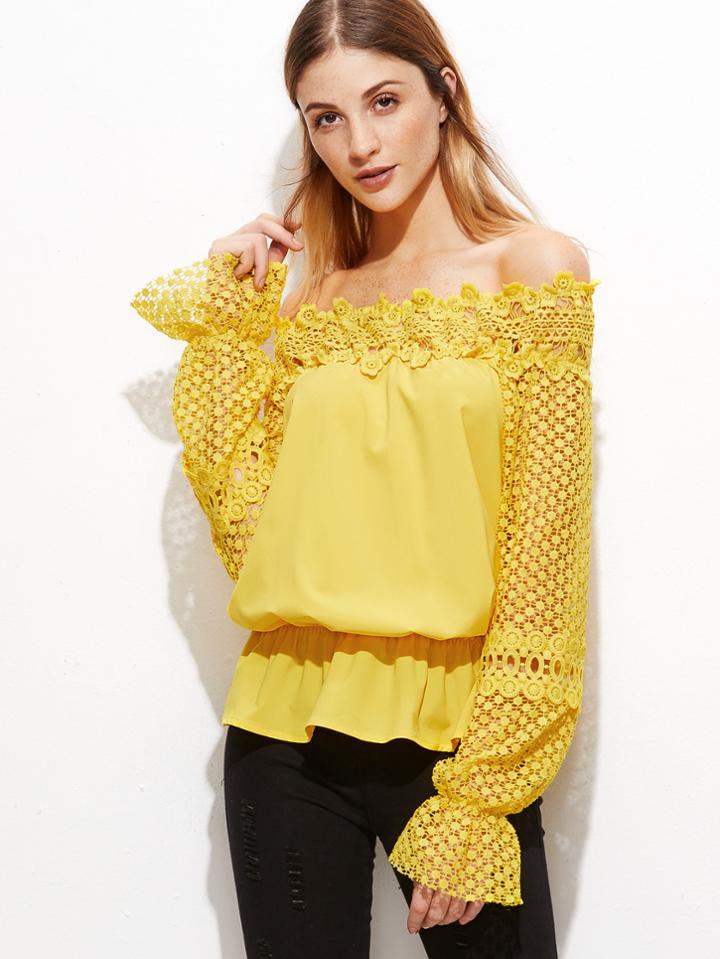 Shein Yellow Off The Shoulder Crochet Sleeve Blouse