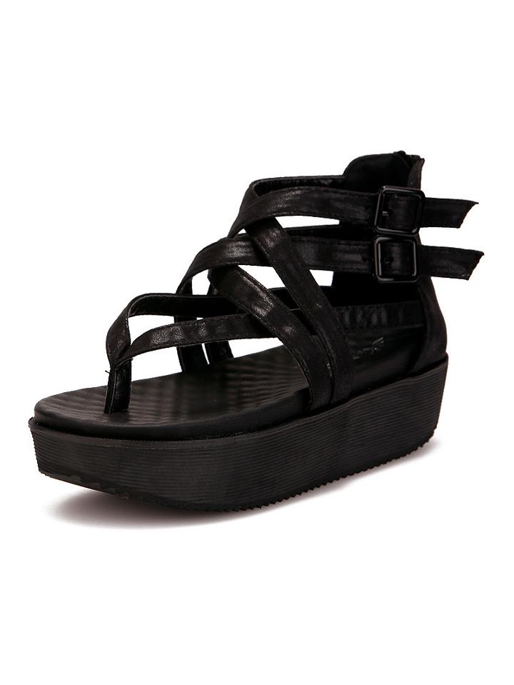 Shein Caged Ankle Buckled Flatform Black Thong Sandals