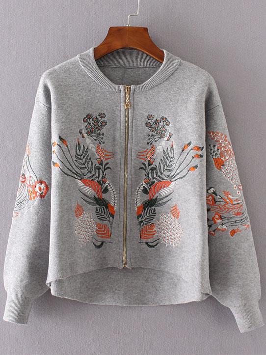 Shein Grey Flower Embroidery Dip Hem Zipper Up Sweater Coat