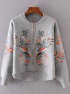 Shein Grey Flower Embroidery Dip Hem Zipper Up Sweater Coat