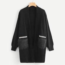 Shein Faux Fur Pocket Patched Beaded Cardigan