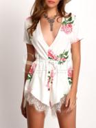 Shein White Plunge V-neck Floral Print Crochet Lace Jumpsuit
