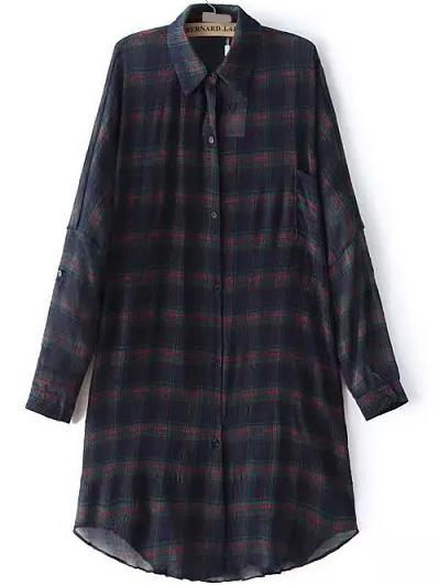 Shein Navy Long Sleeve Plaid Ruched Loose Shirt Dress