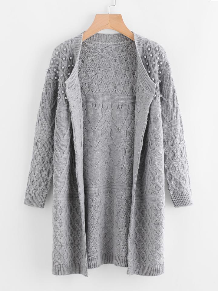 Shein Pearl Beading Mixed Knit Cardigan