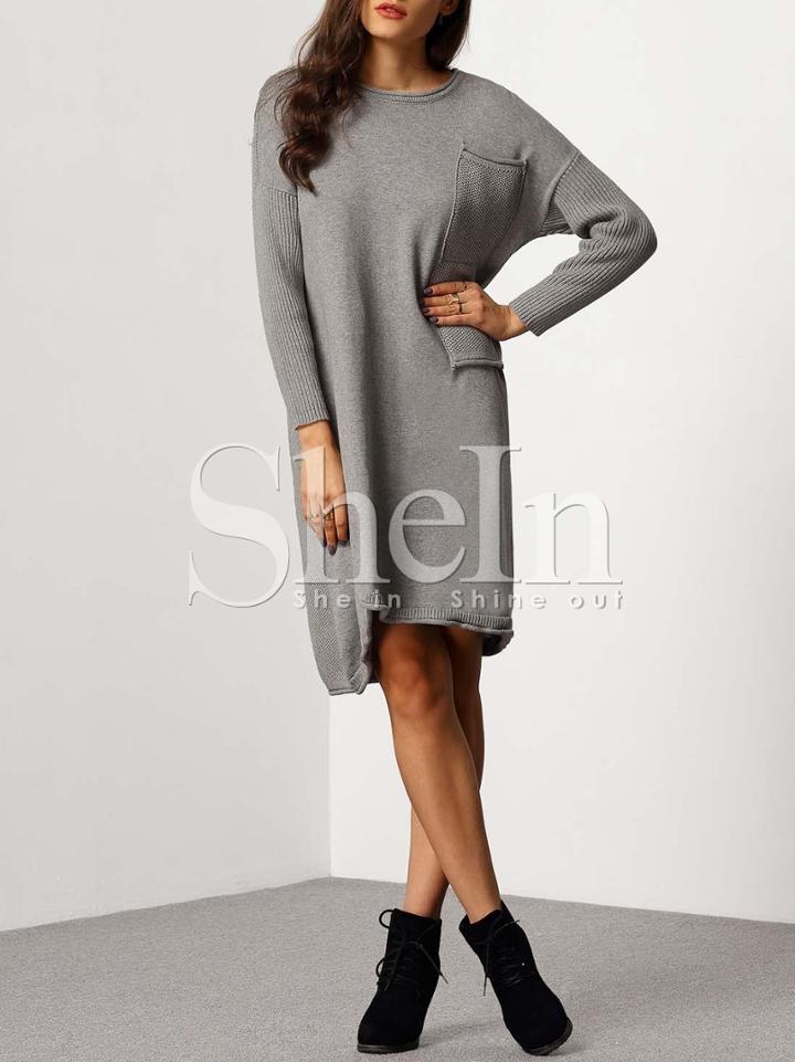 Shein Grey Crew Neck Pockets Sweater Dress