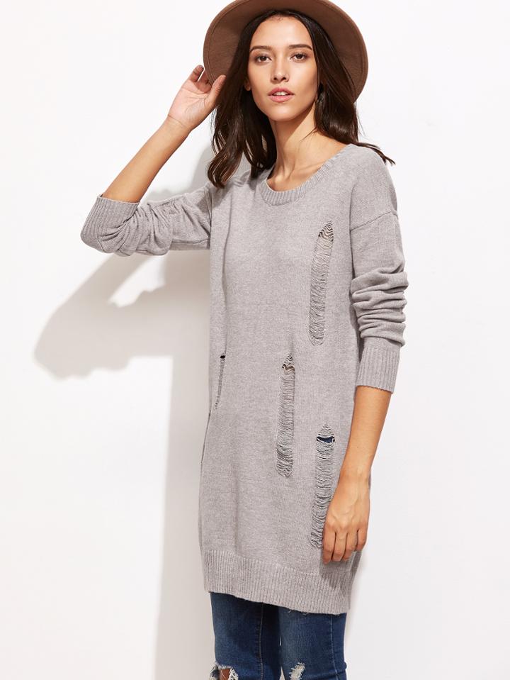 Shein Grey Drop Shoulder Ripped Longline Sweater
