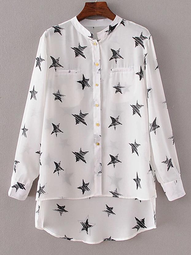 Shein White Pockets Stars Print Dip Hem Blouse